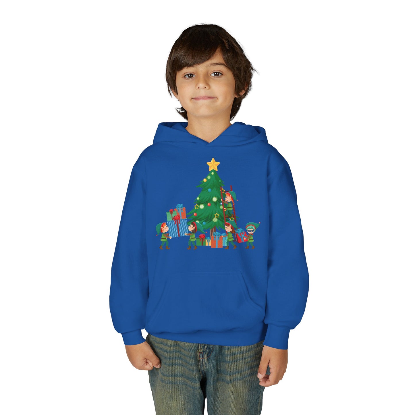 Youth Heavy Blend Hooded Sweatshirt - Super kiddo putting gifts on christmas tree