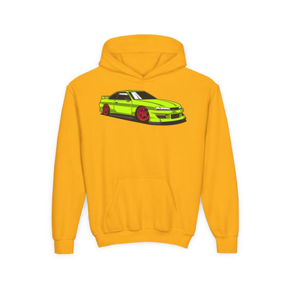 Youth Heavy Blend Hooded Sweatshirt - Yellow green race car Printify