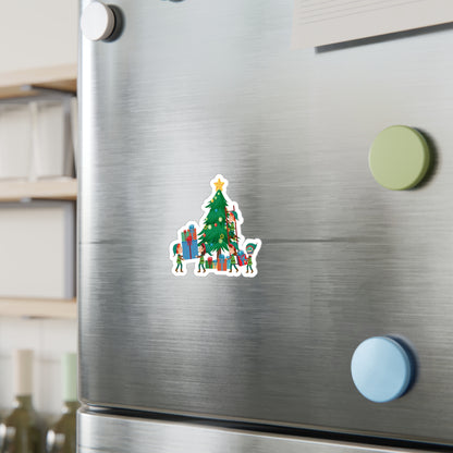 Christmas Kiss-Cut Vinyl Decals – Super kiddo putting gifts on christmas tree - [[{"value":"Wonderwear Kid"}]]