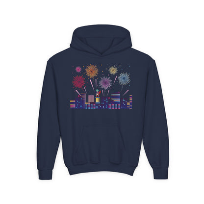 Youth Heavy Blend Hooded Sweatshirt - Super kiddo with fireworks - [[{"value":"Wonderwear Kid"}]]