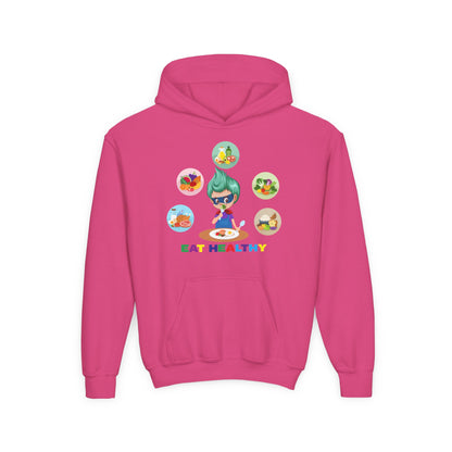 Youth Heavy Blend Hooded Sweatshirt - Supper kiddo showing healthy food to eat - [[{"value":"Wonderwear Kid"}]]