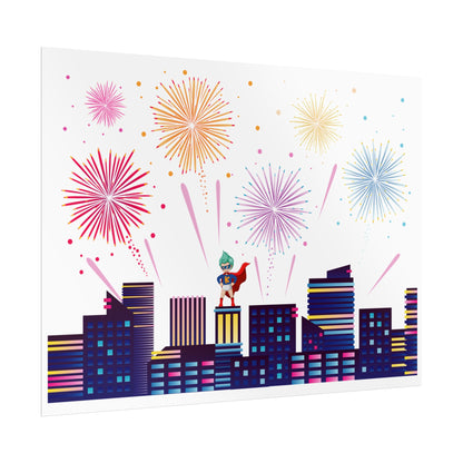 Rolled Posters - Super kiddo with fireworks - [[{"value":"Wonderwear Kid"}]]