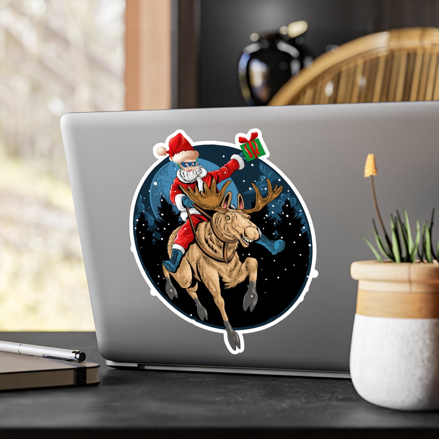 Christmas Kiss-Cut Vinyl Decals – Super kiddo riding a reindeer - [[{"value":"Wonderwear Kid"}]]