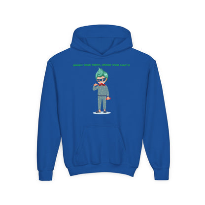 Youth Heavy Blend Hooded Sweatshirt - Super kiddo brushing teeth - [[{"value":"Wonderwear Kid"}]]
