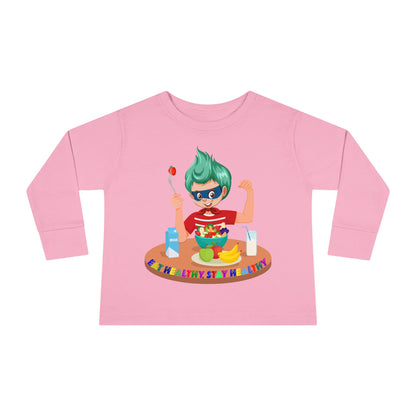 Toddler Long Sleeve Tee - super kiddo eating healthy food - [[{"value":"Wonderwear Kid"}]]