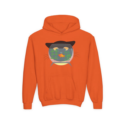 Youth Heavy Blend Hooded Sweatshirt -  Black cat and gold fish Printify