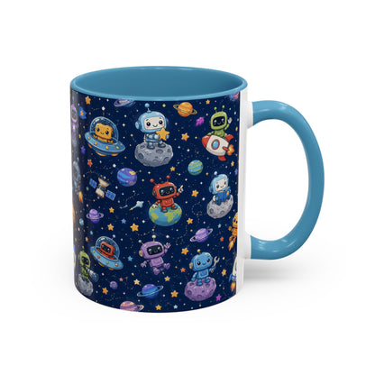 Galactic Robots Accent Coffee Mug — Cute Space Astronaut Pattern (11/15 oz)