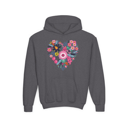 Youth Heavy Blend Hooded Sweatshirt - Flower hearts Printify