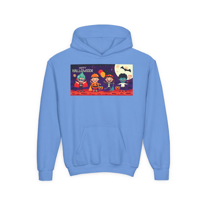 Youth Heavy Blend Hooded Sweatshirt - Super kiddo with friends on holloween - [[{"value":"Wonderwear Kid"}]]