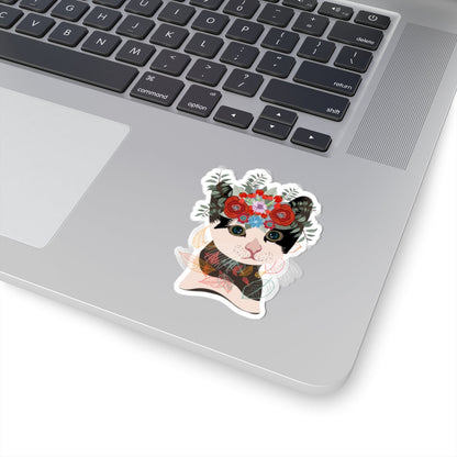 Kiss-Cut Vinyl Decals - Lovely cat with crown flowers Printify