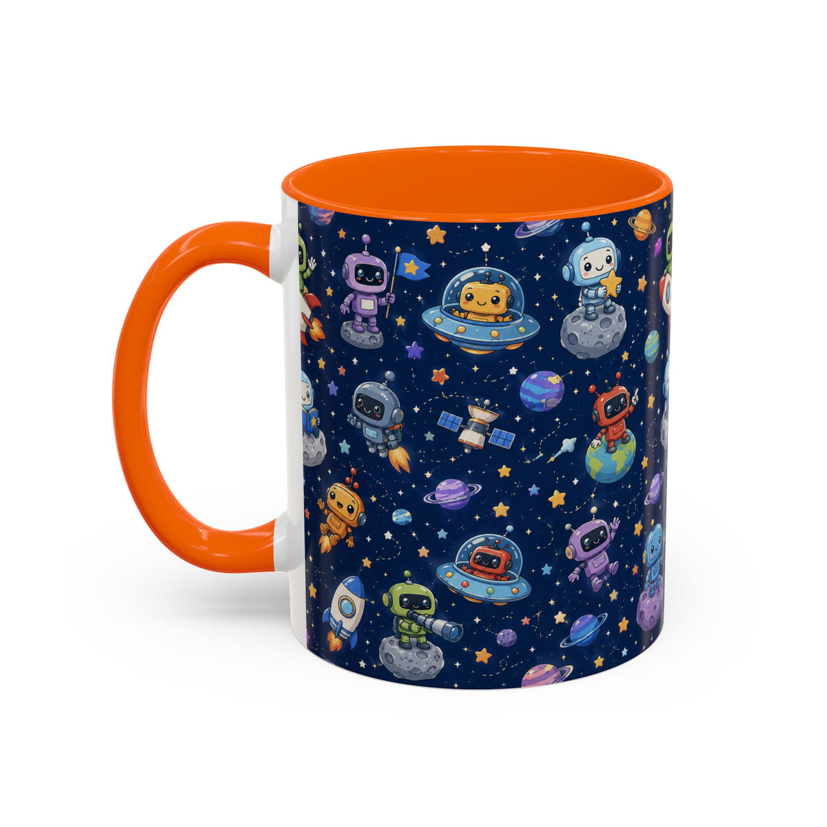Galactic Robots Accent Coffee Mug — Cute Space Astronaut Pattern (11/15 oz)