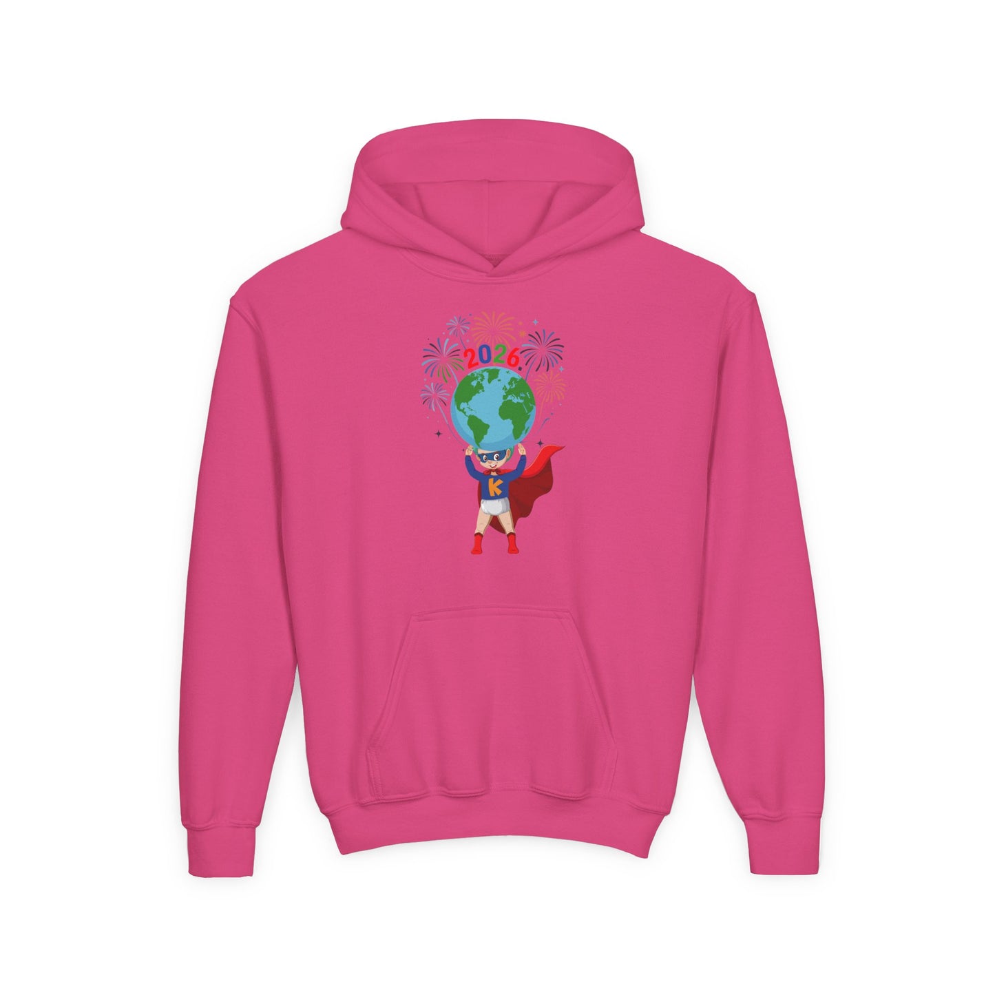 Youth Heavy Blend Hooded Sweatshirt - Super kiddo holding globe
