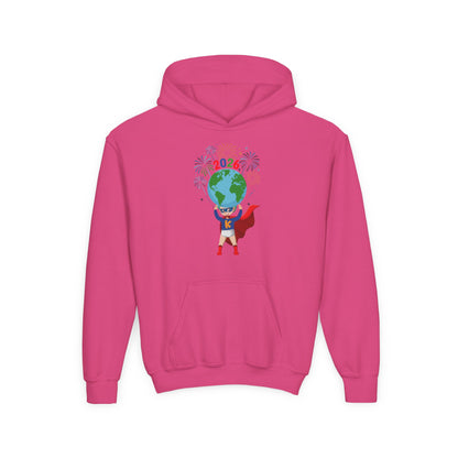 Youth Heavy Blend Hooded Sweatshirt - Super kiddo holding globe - [[{"value":"Wonderwear Kid"}]]