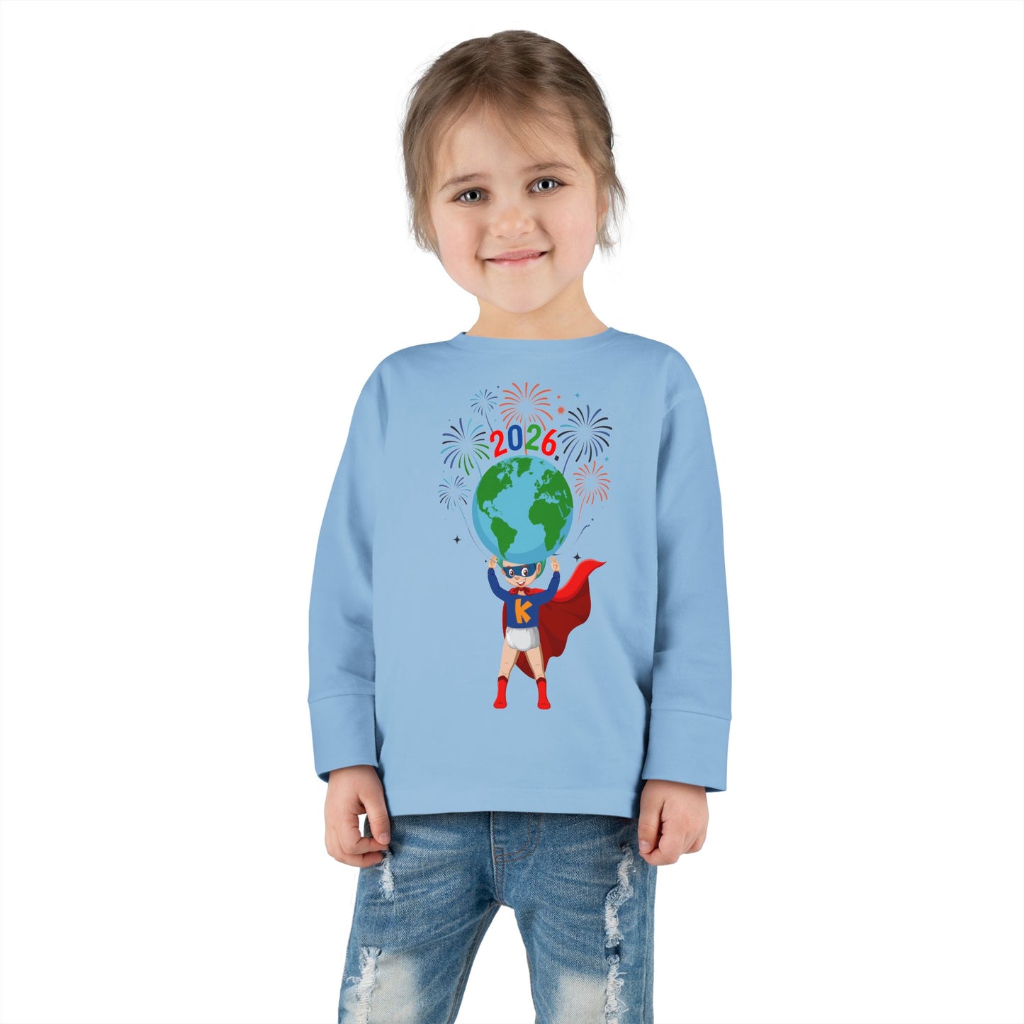 Toddler Long Sleeve Tee - Super kiddo holding globe - [[{"value":"Wonderwear Kid"}]]
