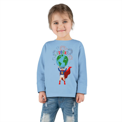Toddler Long Sleeve Tee - Super kiddo holding globe - [[{"value":"Wonderwear Kid"}]]