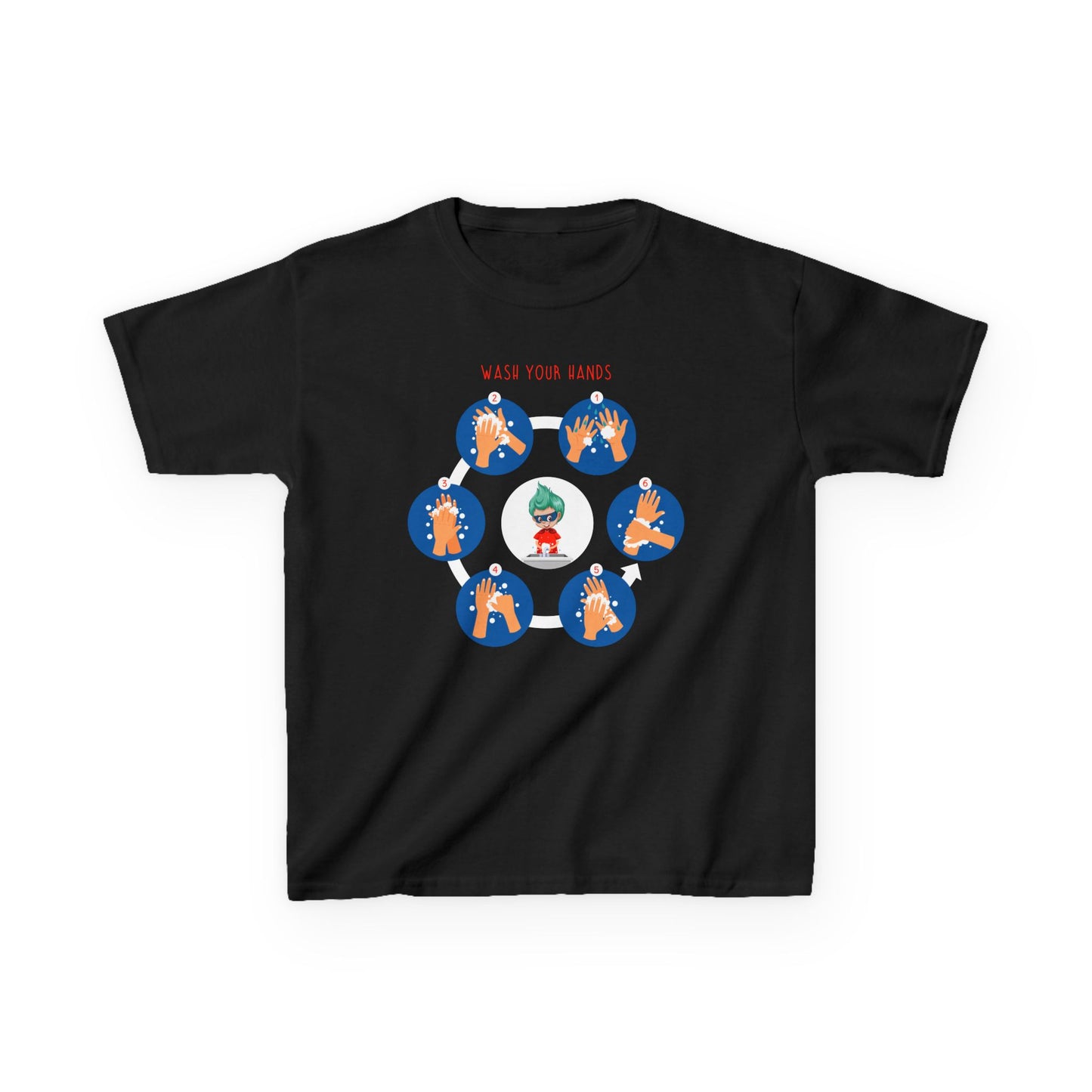 Kids Heavy Cotton™ Tee - Super kiddo teaching how to wash hands - [[{"value":"Wonderwear Kid"}]]