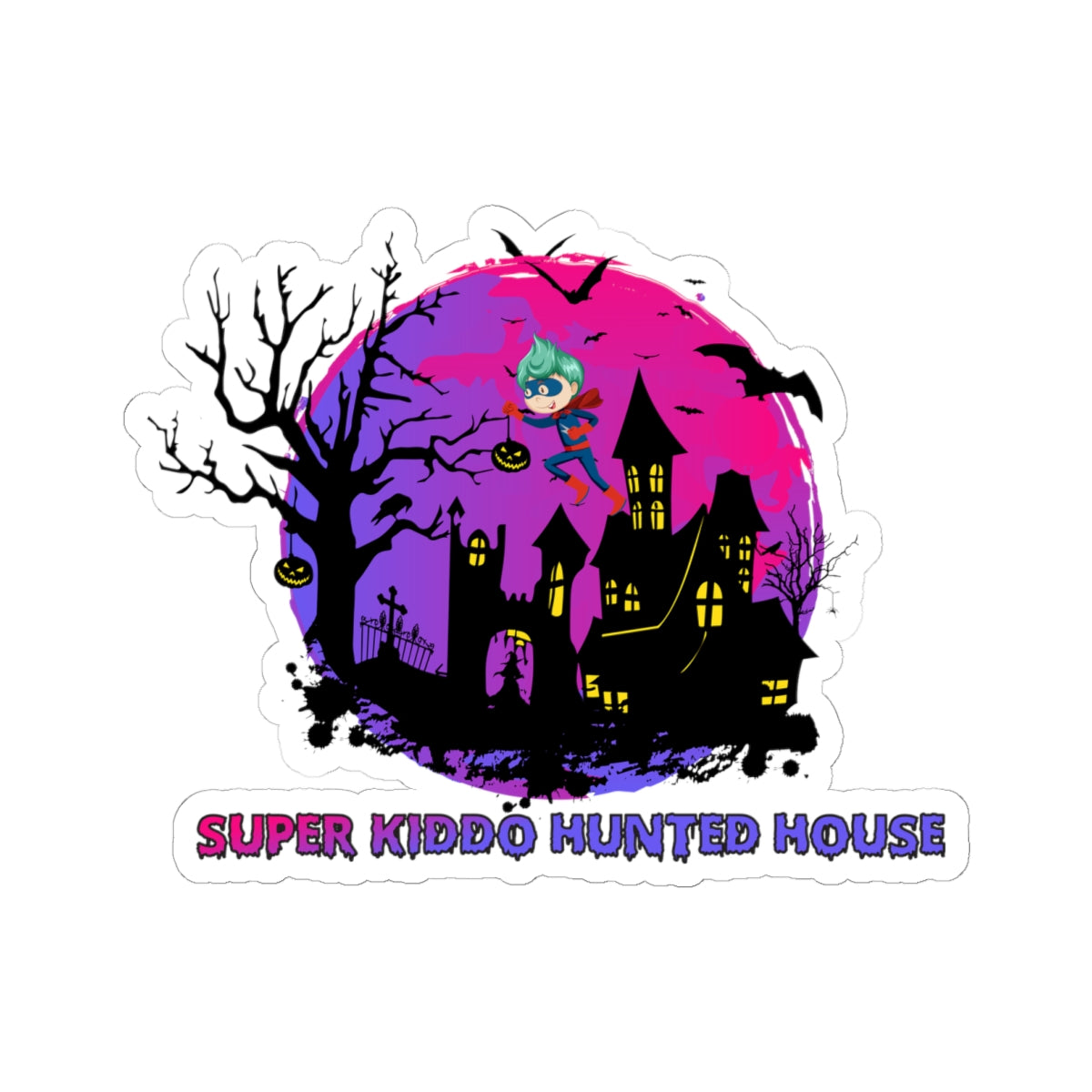 Kiss-Cut Stickers - Super kiddo flying on hunted house - [[{"value":"Wonderwear Kid"}]]