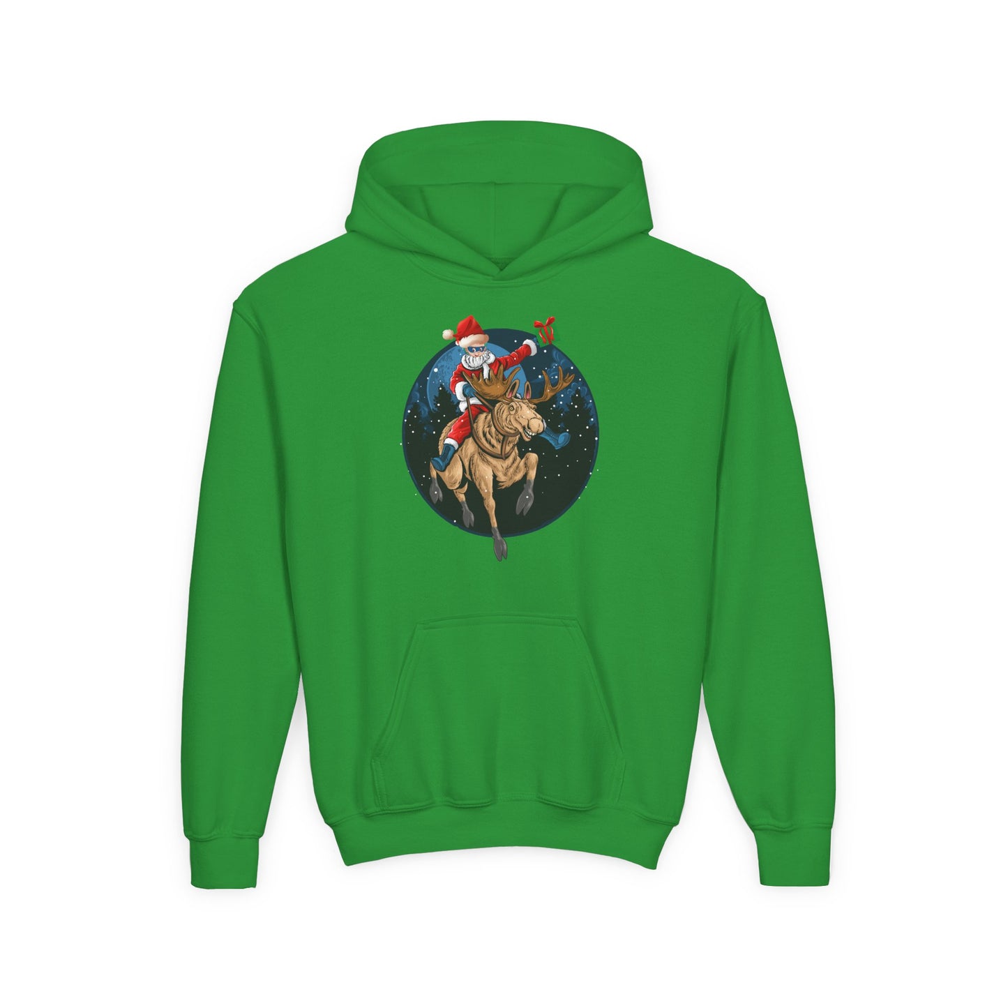 Youth Heavy Blend Hooded Sweatshirt - Super kiddo riding a reindeer