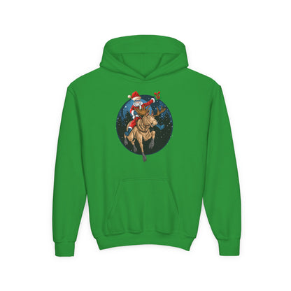 Youth Heavy Blend Hooded Sweatshirt - Super kiddo riding a reindeer - [[{"value":"Wonderwear Kid"}]]