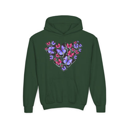 Youth Heavy Blend Hooded Sweatshirt -  Heart shape monarch butterfly Printify