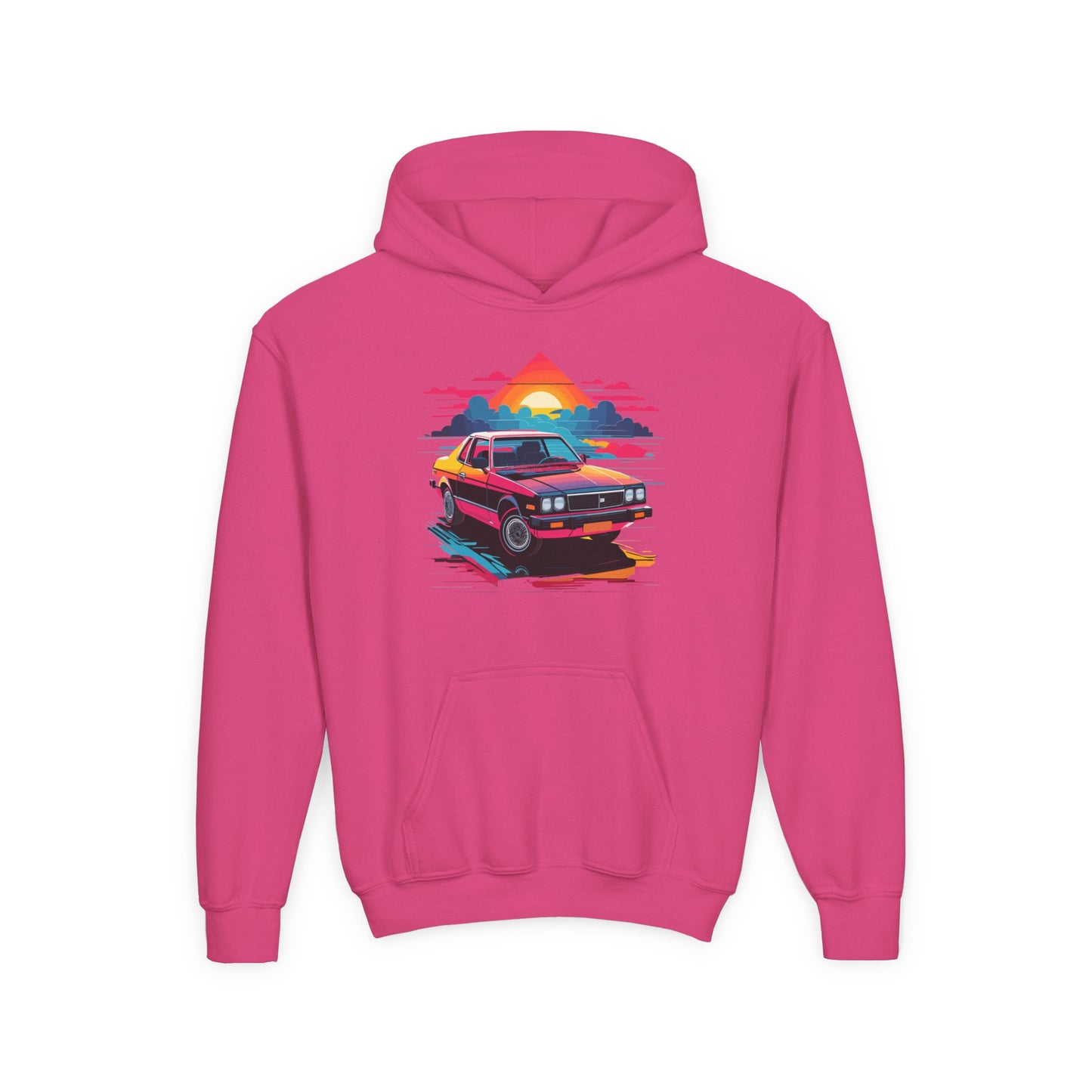 Youth Heavy Blend Hooded Sweatshirt - Retro Car and Sunset