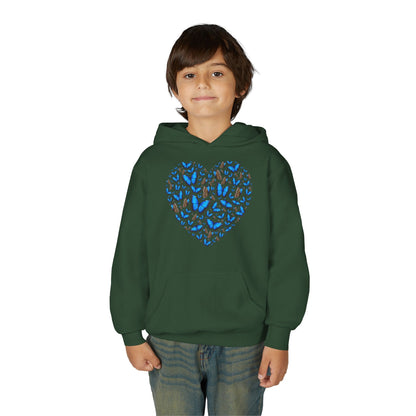 Youth Heavy Blend Hooded Sweatshirt -  Heart shape blue morpho butterfly Printify