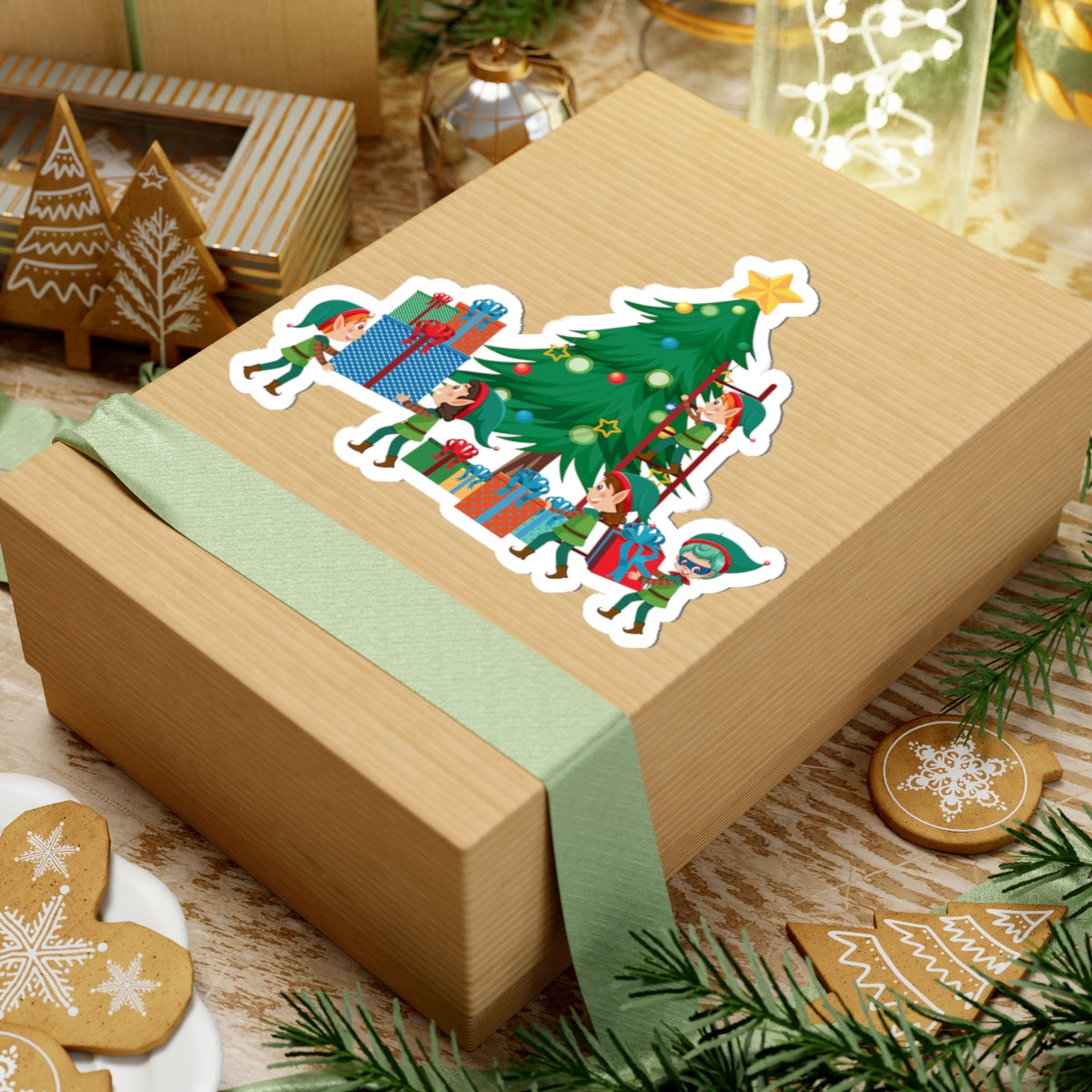 Kiss-Cut Stickers - Super kiddo putting gifts on christmas tree - [[{"value":"Wonderwear Kid"}]]