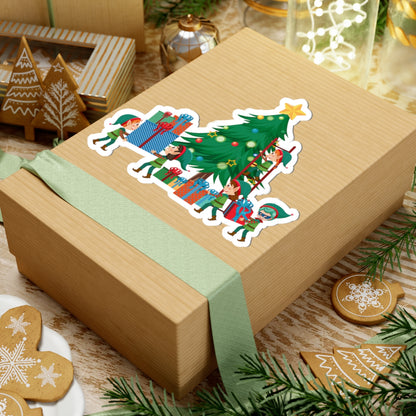 Kiss-Cut Stickers - Super kiddo putting gifts on christmas tree - [[{"value":"Wonderwear Kid"}]]
