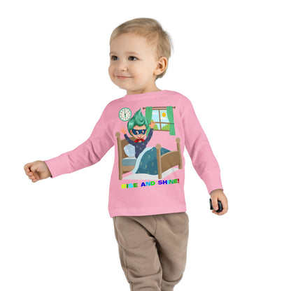 Toddler Long Sleeve Tee - Super kiddo teaches us to wake up early - [[{"value":"Wonderwear Kid"}]]