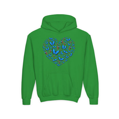 Youth Heavy Blend Hooded Sweatshirt -  Heart shape blue morpho butterfly Printify