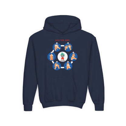 Youth Heavy Blend Hooded Sweatshirt - Super kiddo teaching how to wash hands - [[{"value":"Wonderwear Kid"}]]