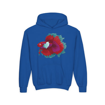 Youth Heavy Blend Hooded Sweatshirt - Red Siamese fighting fish Printify