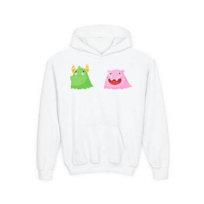 Youth Heavy Blend Hooded Sweatshirt - Green and pink monsters Printify