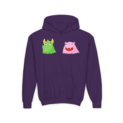 Youth Heavy Blend Hooded Sweatshirt - Green and pink monsters Printify