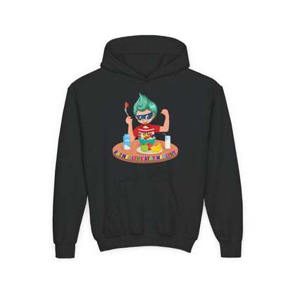 Youth Heavy Blend Hooded Sweatshirt - super kiddo eating healthy food - [[{"value":"Wonderwear Kid"}]]