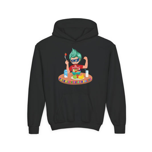 Youth Heavy Blend Hooded Sweatshirt - super kiddo eating healthy food - [[{"value":"Wonderwear Kid"}]]