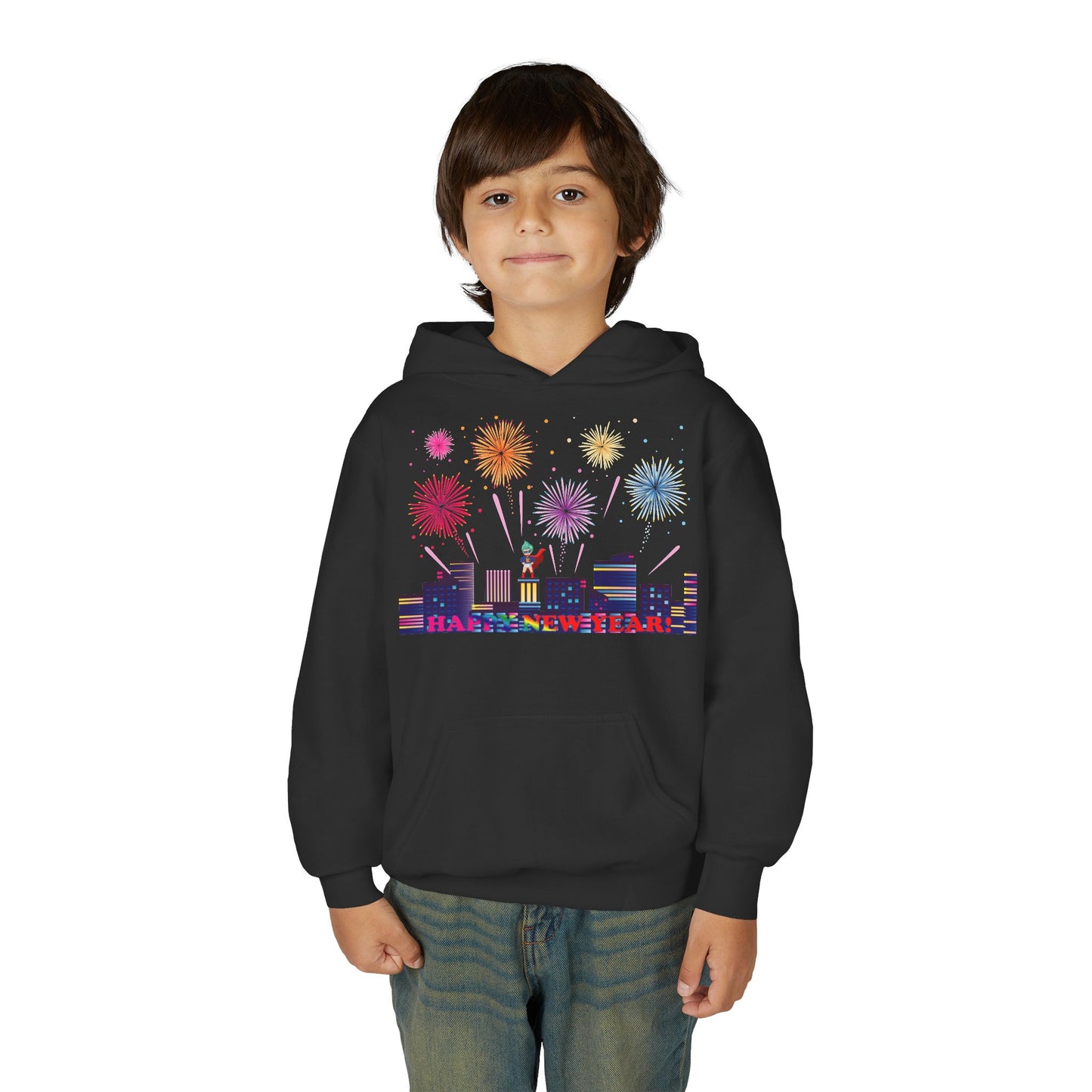 Youth Heavy Blend Hooded Sweatshirt - Super kiddo with fireworks with text