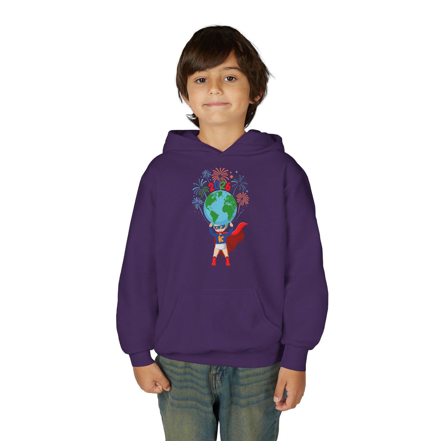 Youth Heavy Blend Hooded Sweatshirt - Super kiddo holding globe