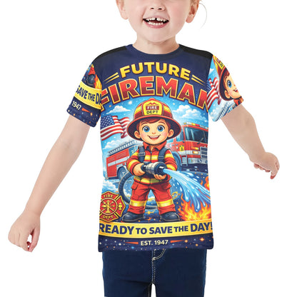Little Kids' All Over Print Crew Neck T-Shirt - Proud to Serve - Young Patriot - Future Fireman