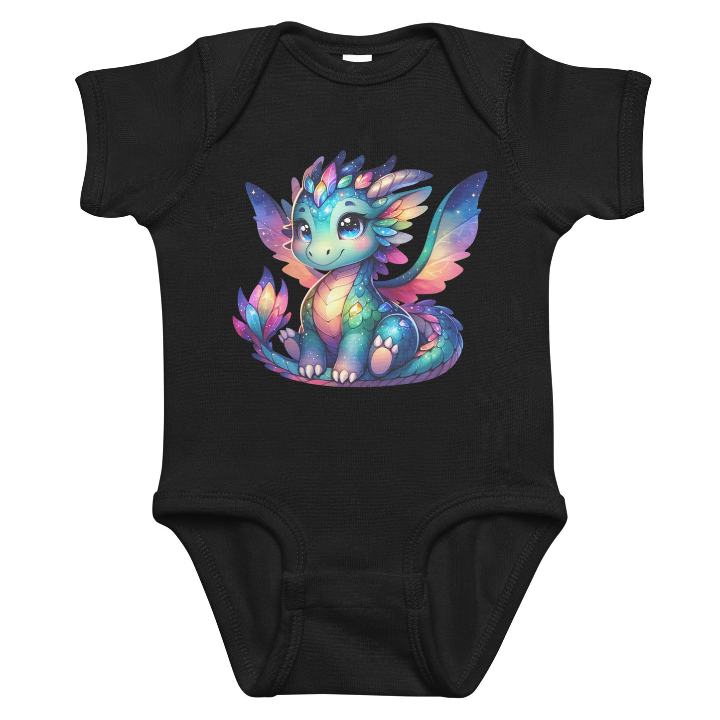 Whimsical Dragon infant bodysuit in black - front view