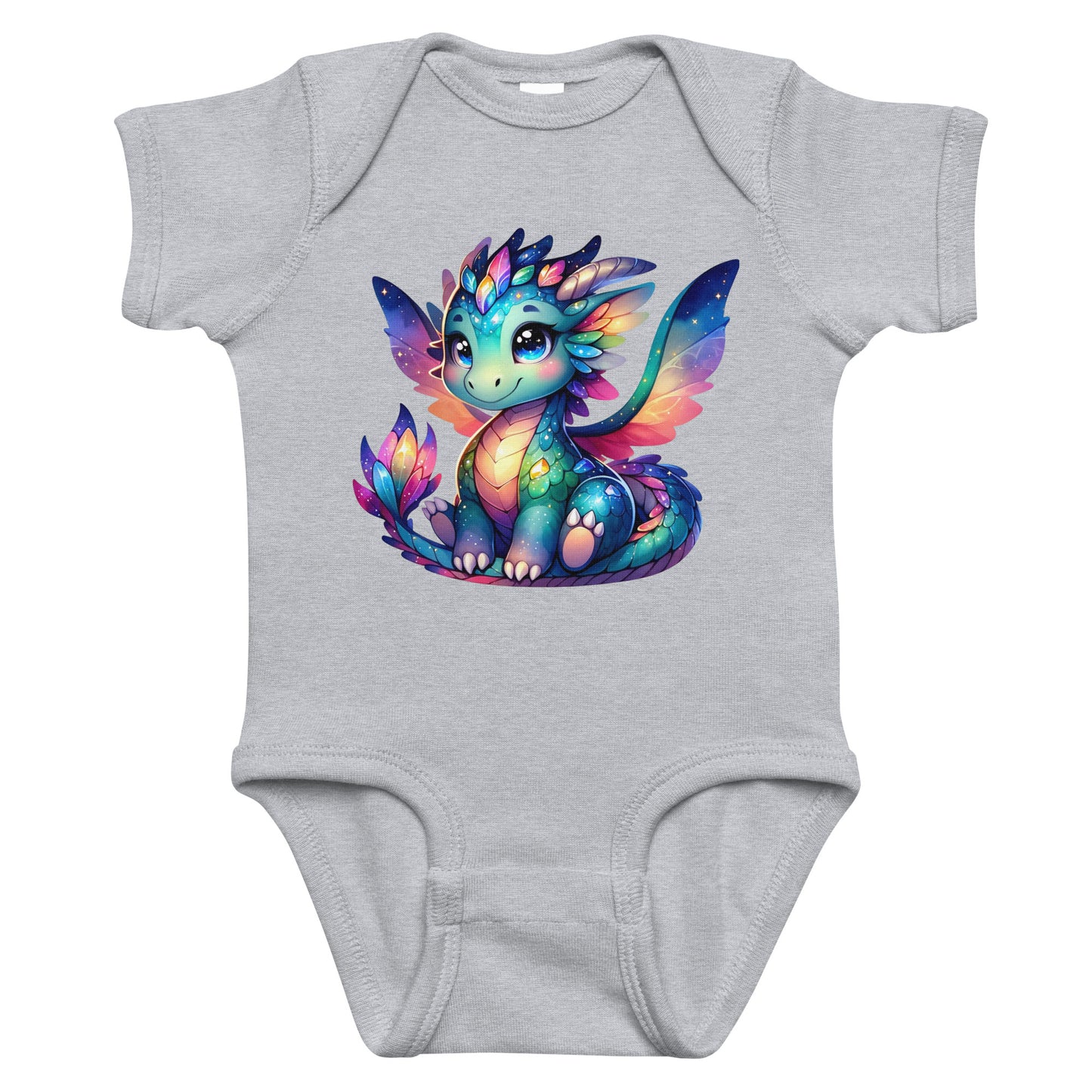 Whimsical Dragon infant bodysuit in Gray - front view