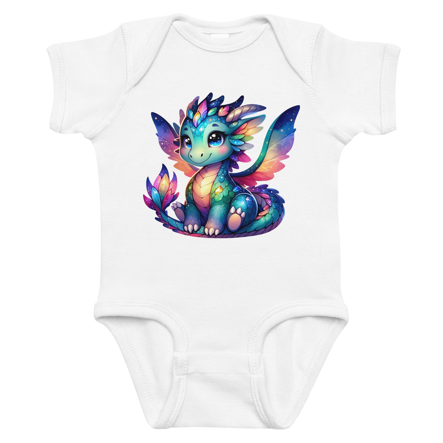 Whimsical Dragon infant bodysuit in white - front view