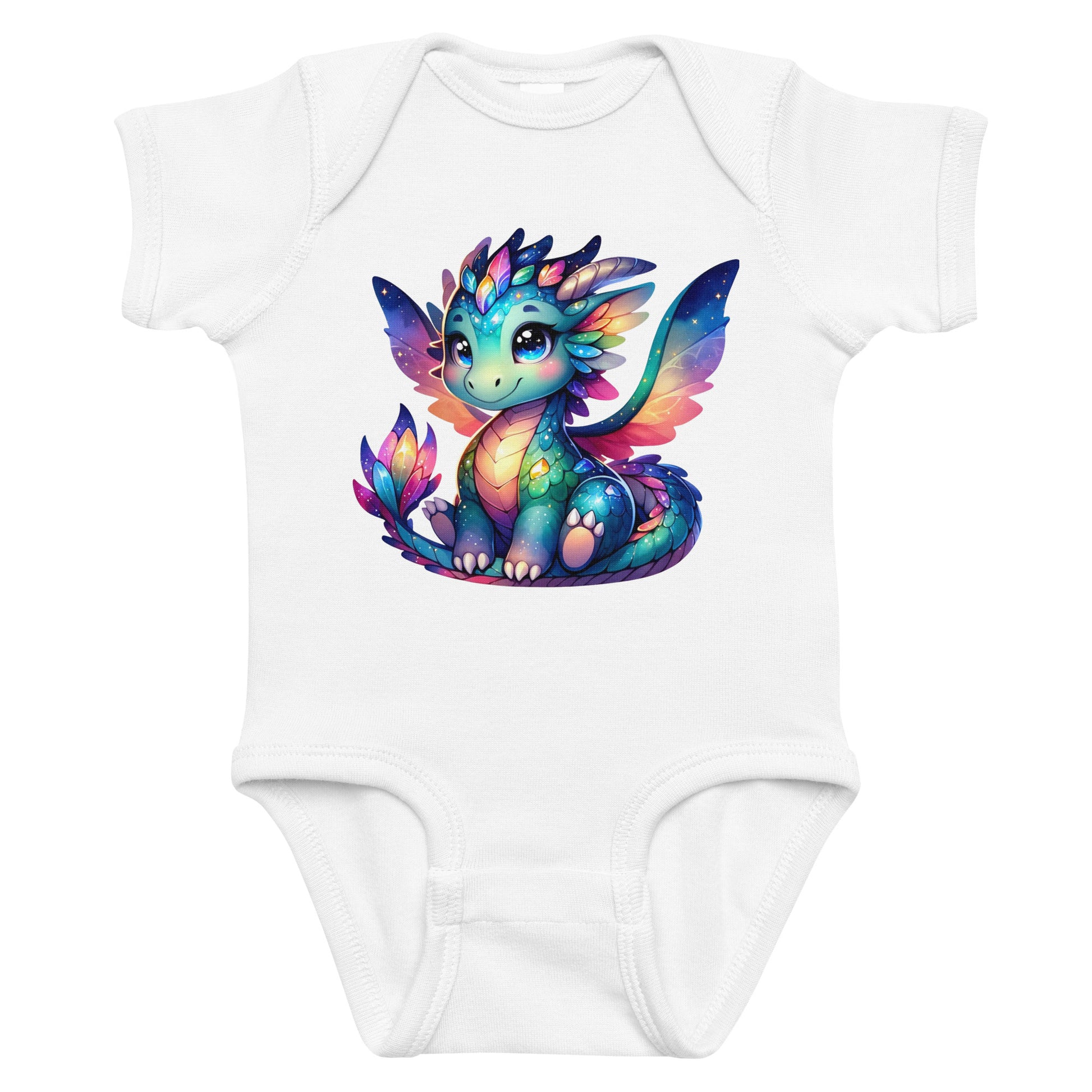 Whimsical Dragon infant bodysuit in white - front view