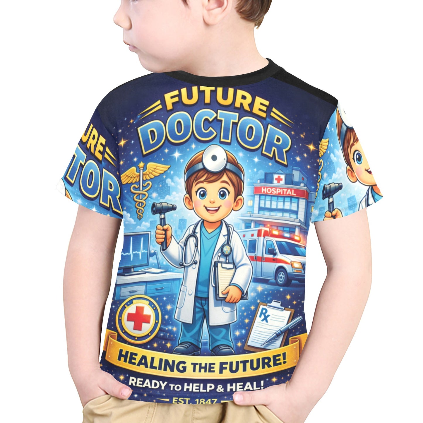 Little Kids' All Over Print Crew Neck T-Shirt - Proud to Serve - Young Patriot - Future Doctor