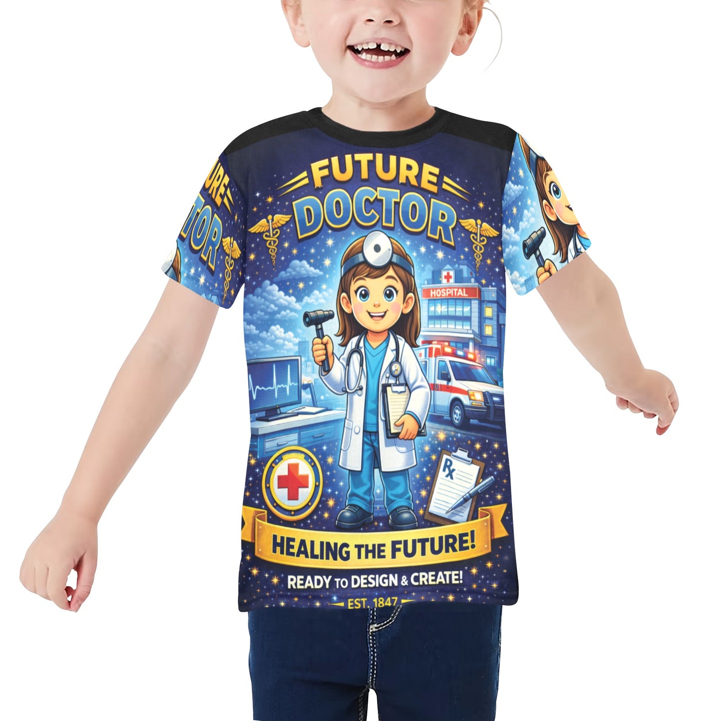 Little Kids' All Over Print Crew Neck T-Shirt - Proud to Serve - Young Patriot - Future Doctor - Female