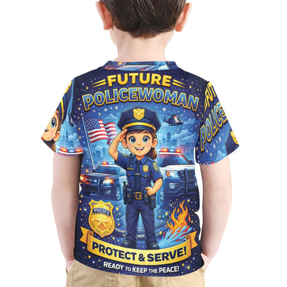 Little Kids' All Over Print Crew Neck T-Shirt - Proud to Serve - Young Patriot - Future Policewoman