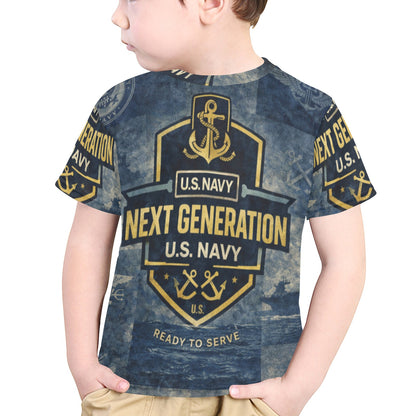 Little Kids' All Over Print Crew Neck T-Shirt - Proud to Serve - Young Patriot - Navy