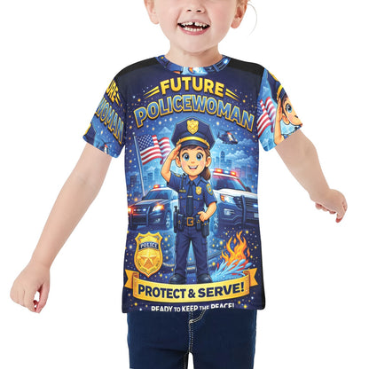 Little Kids' All Over Print Crew Neck T-Shirt - Proud to Serve - Young Patriot - Future Policewoman